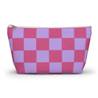 Pink purple checkered makeup bag front view on white background