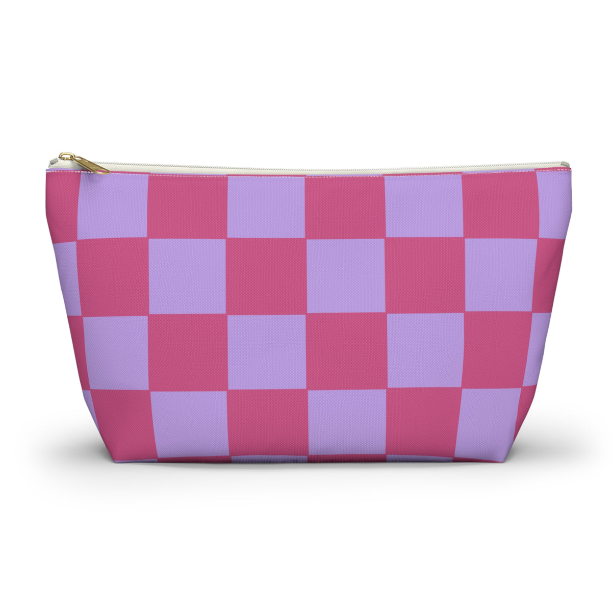 Pink purple checkered makeup bag front view on white background