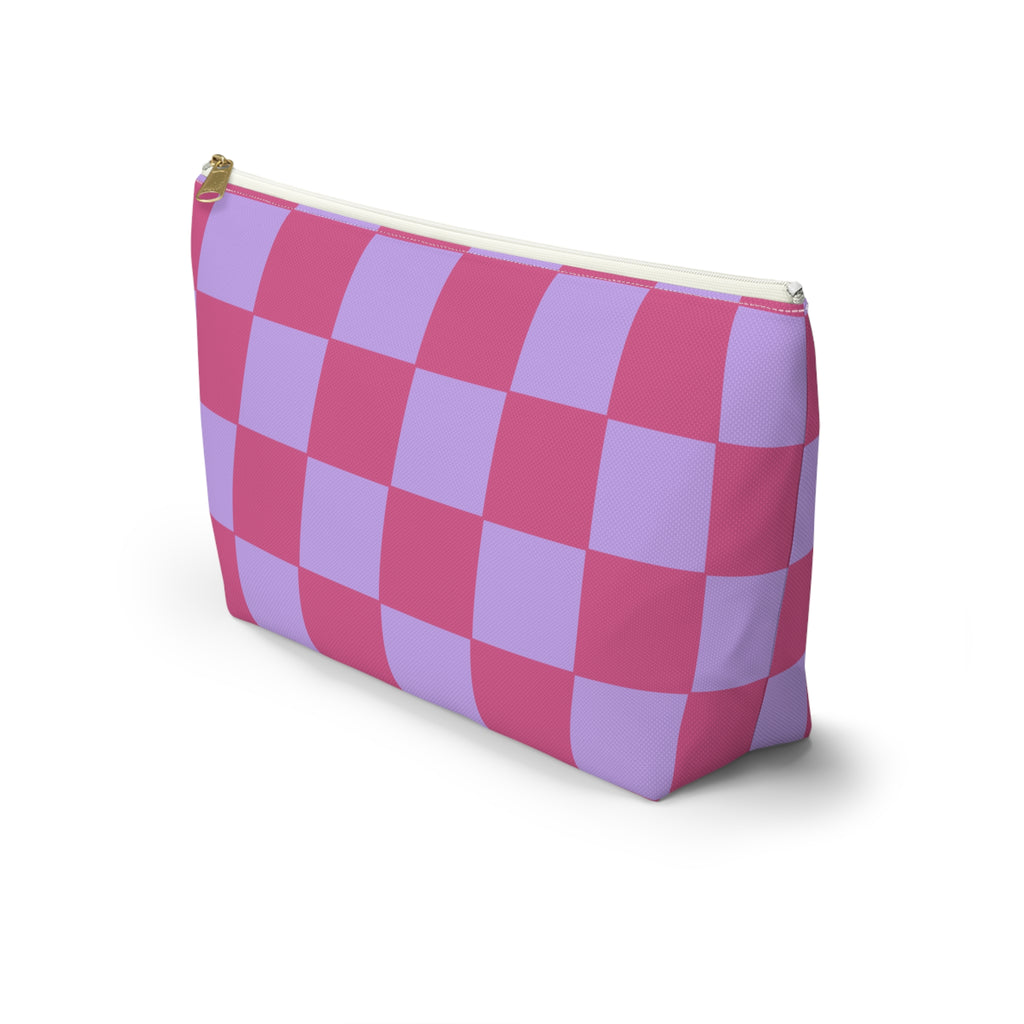 Side view of the pink purple checkered makeup bag with T-shaped bottom
