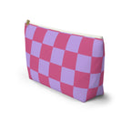 Side view of the pink purple checkered makeup bag with T-shaped bottom