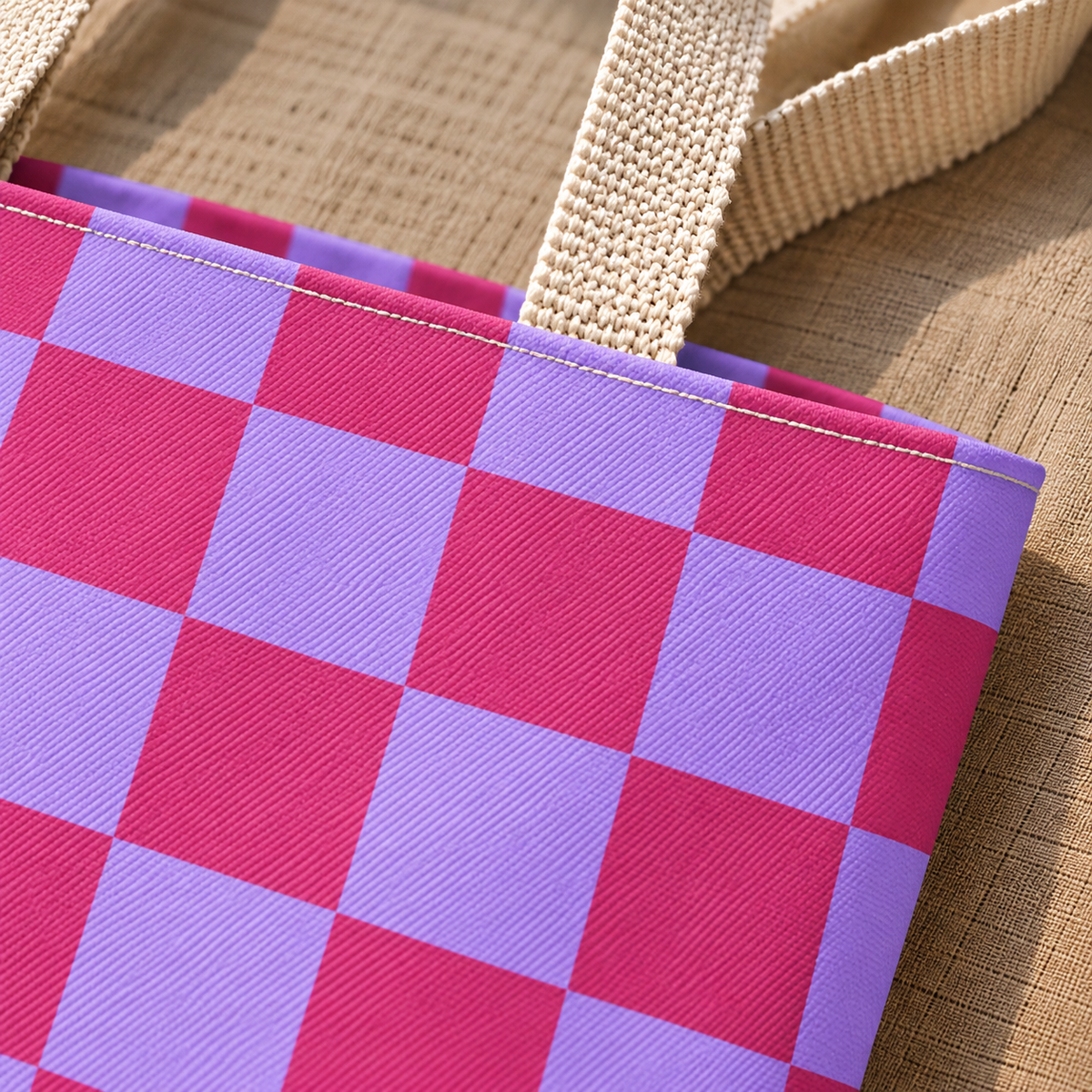 Close-up of the pink purple checkered print and handle on the tote bag