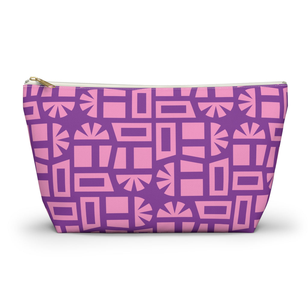Pink Purple Geometric Print makeup bag front view with T-bottom