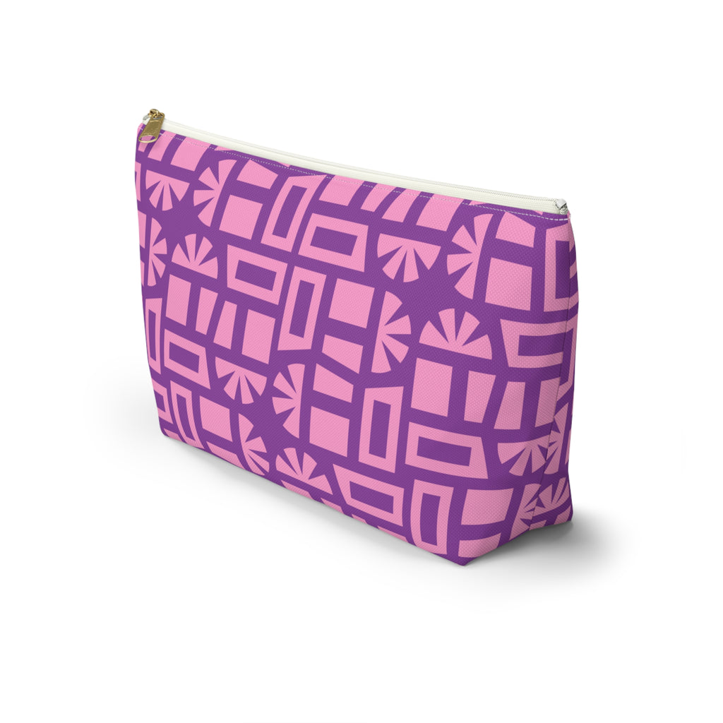 Side view of the Pink Purple Geometric Print makeup bag
