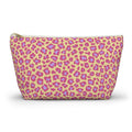 Pink purple leopard print makeup bag with T-bottom, front view on white