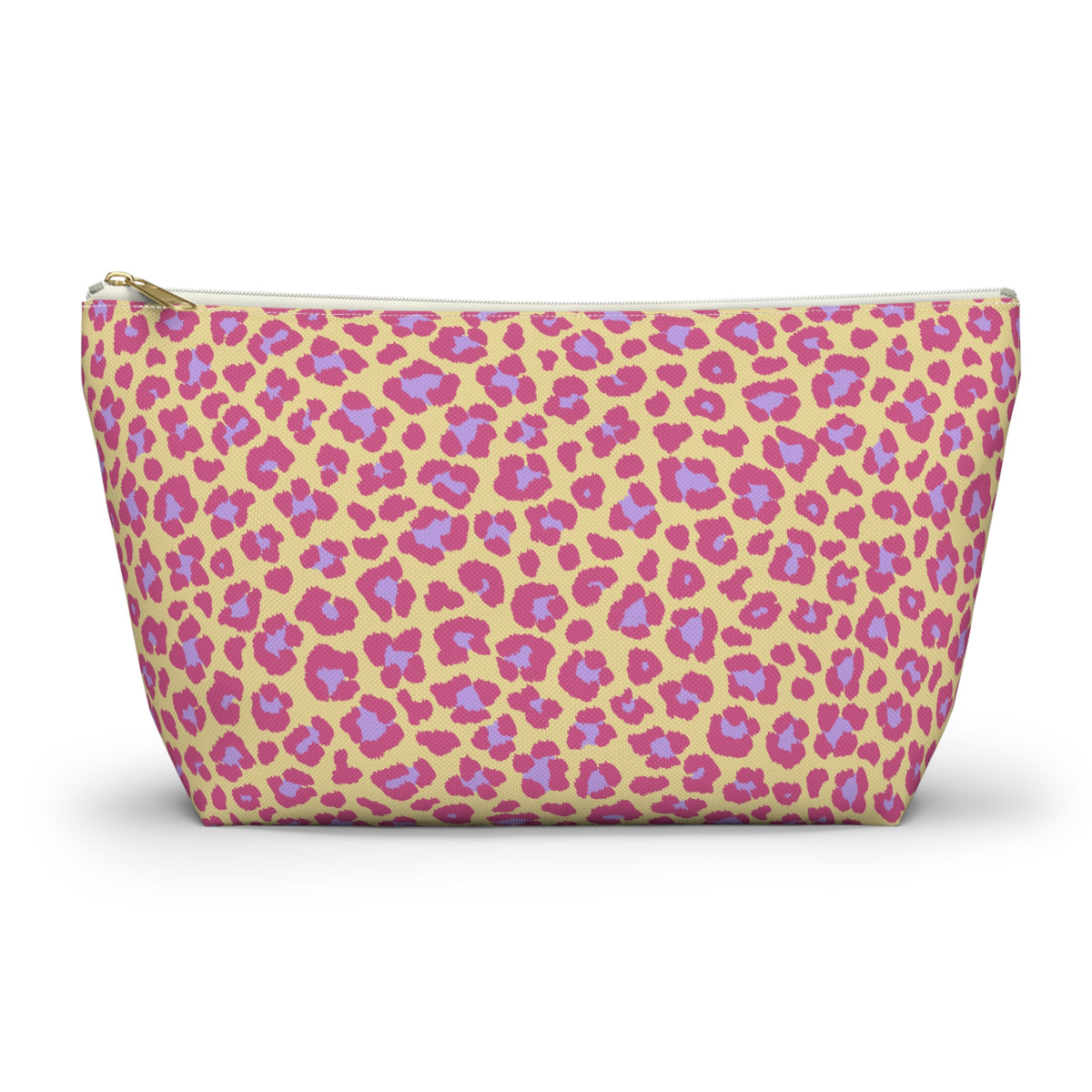 Pink purple leopard print makeup bag with T-bottom, front view on white