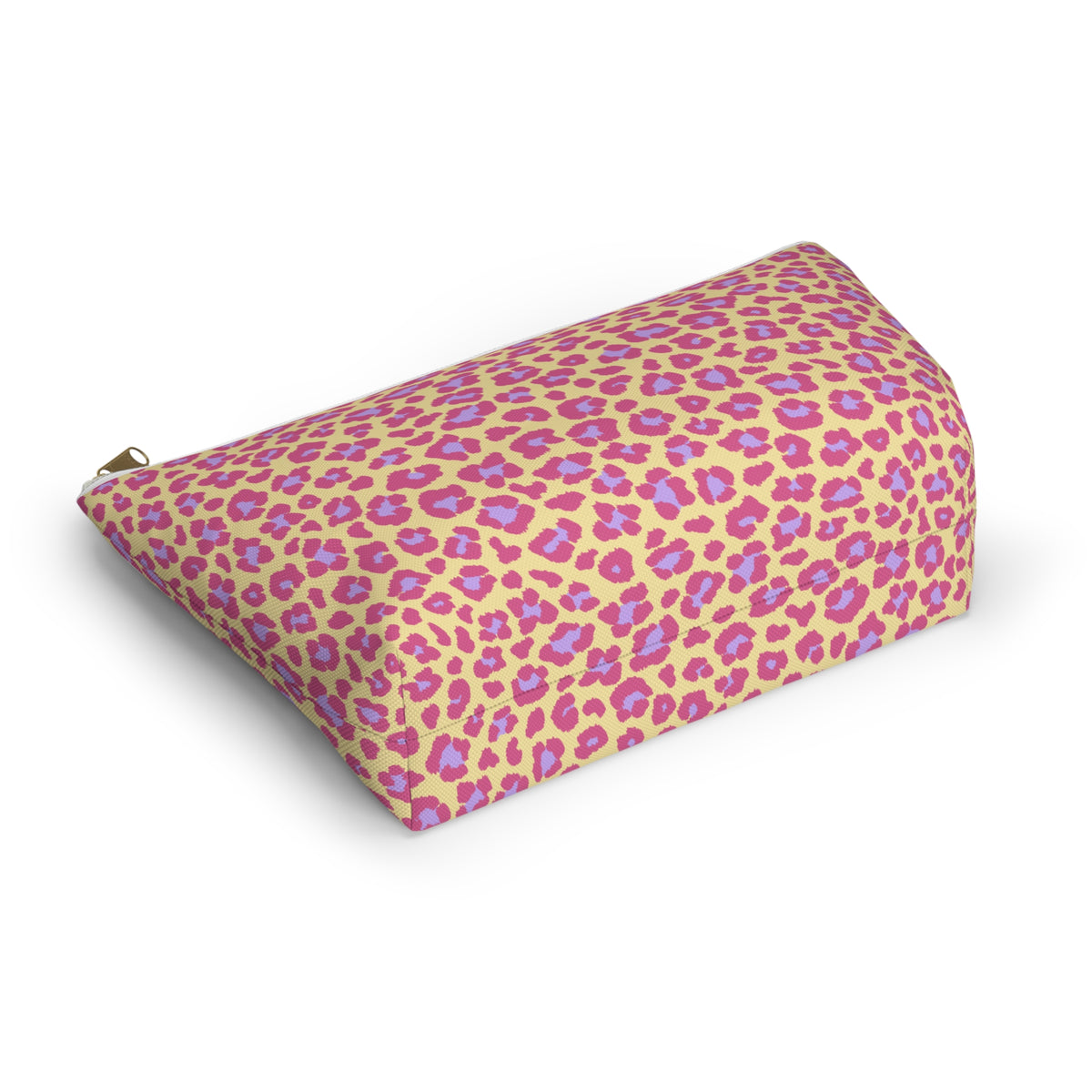 Side view of the pink purple leopard print makeup bag lying down