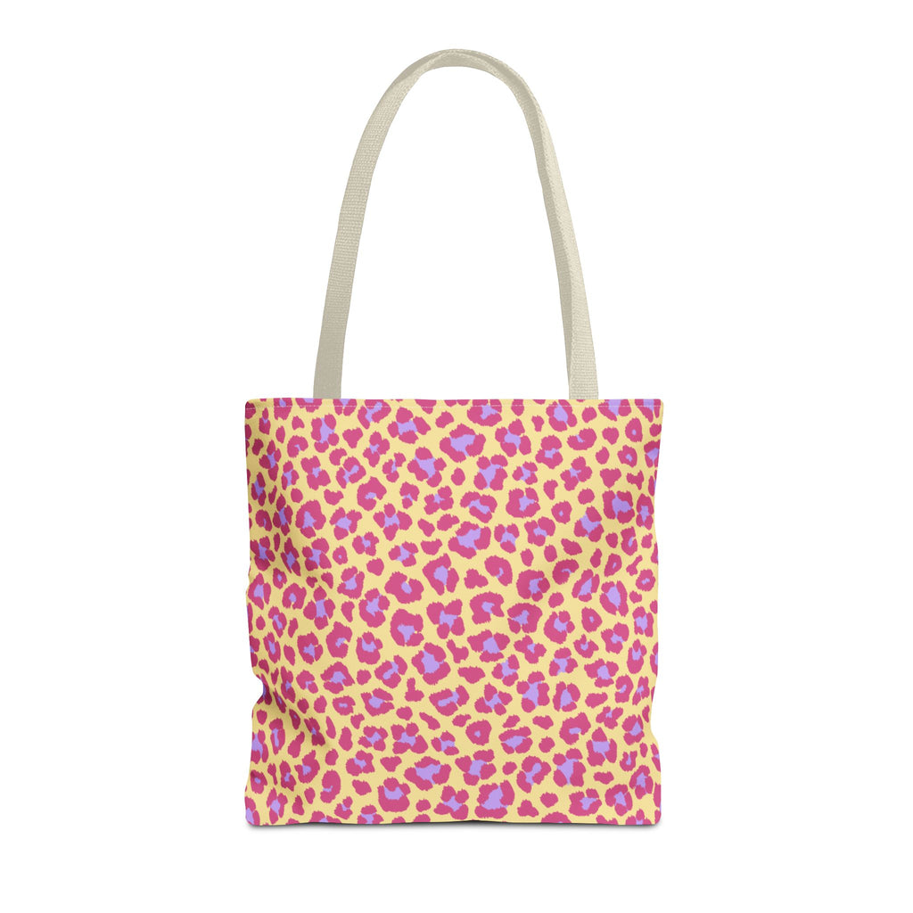 Pink purple leopard print tote bag with beige handles on a white background