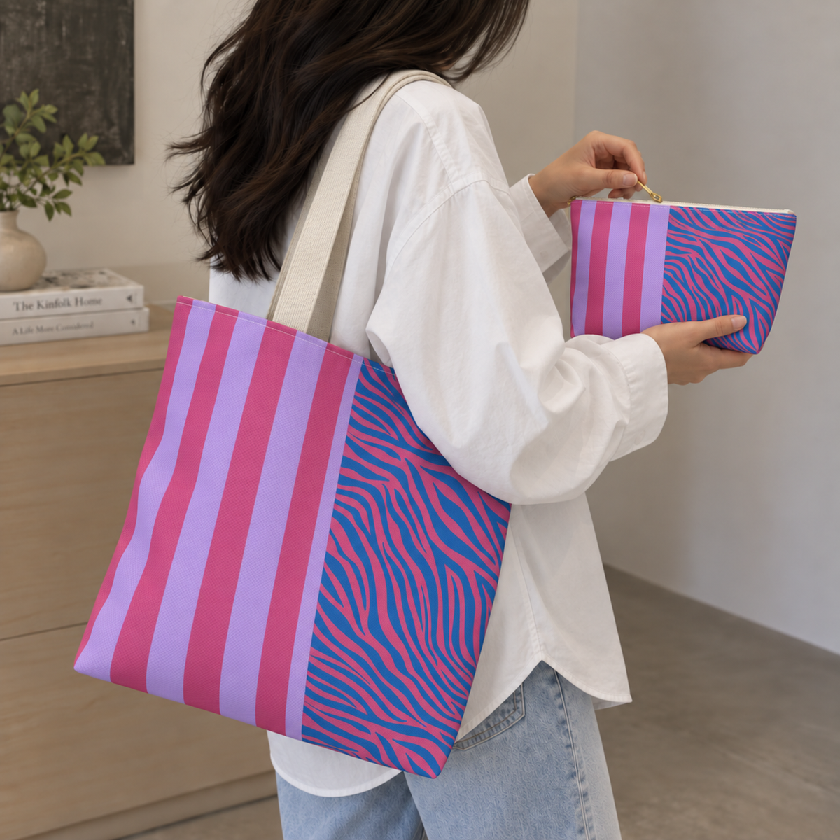 Woman with the zebra stripe tote bag and matching makeup bag