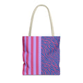 Pink purple zebra stripe tote bag with striped and zebra print panels and cream handles