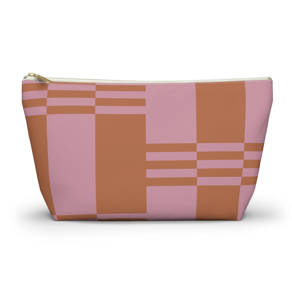 Pink terracotta color block makeup bag with gold zipper pull, front view