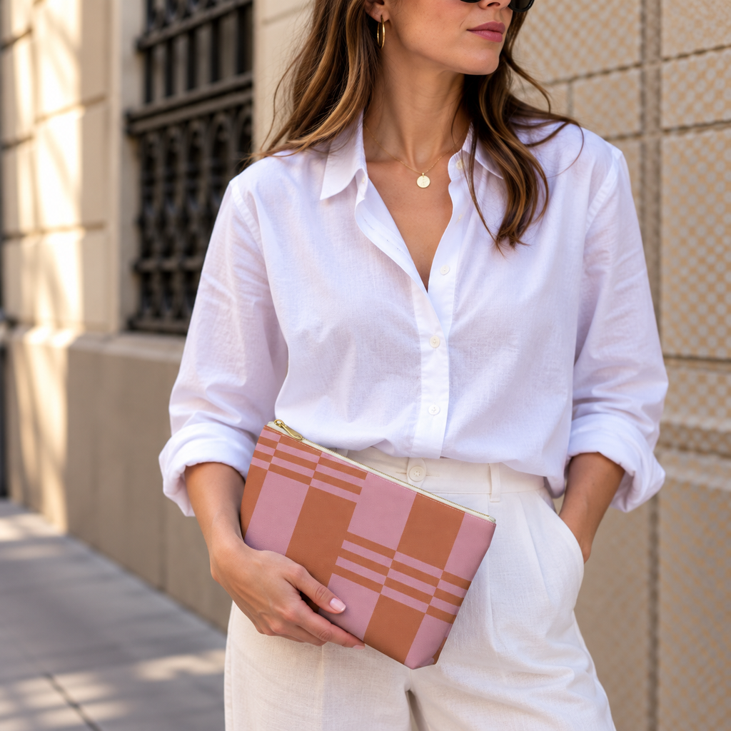 Model in a white shirt holding the pink terracotta color block makeup bag as a clutch