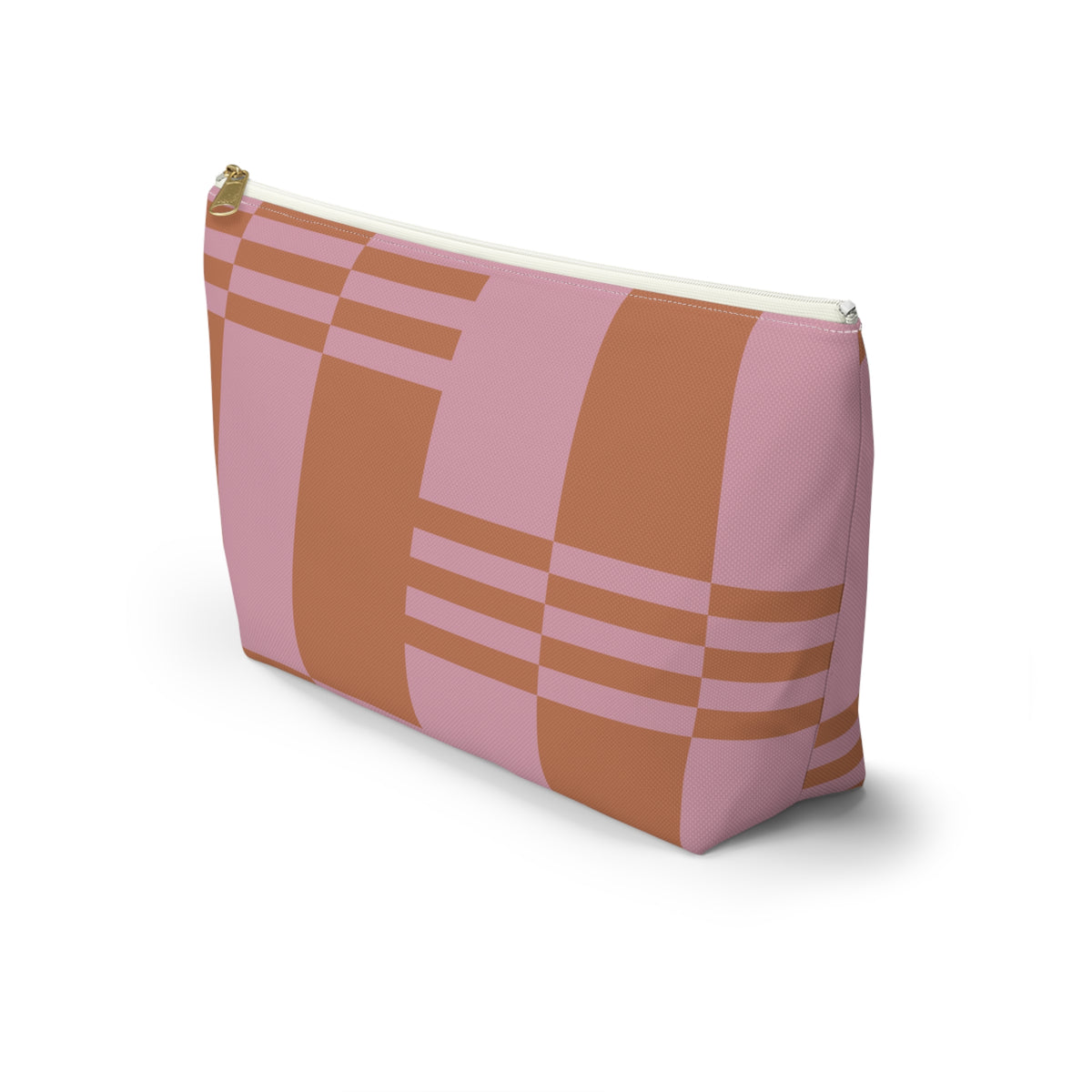 Side view of the pink terracotta color block makeup bag with flat T-shaped bottom