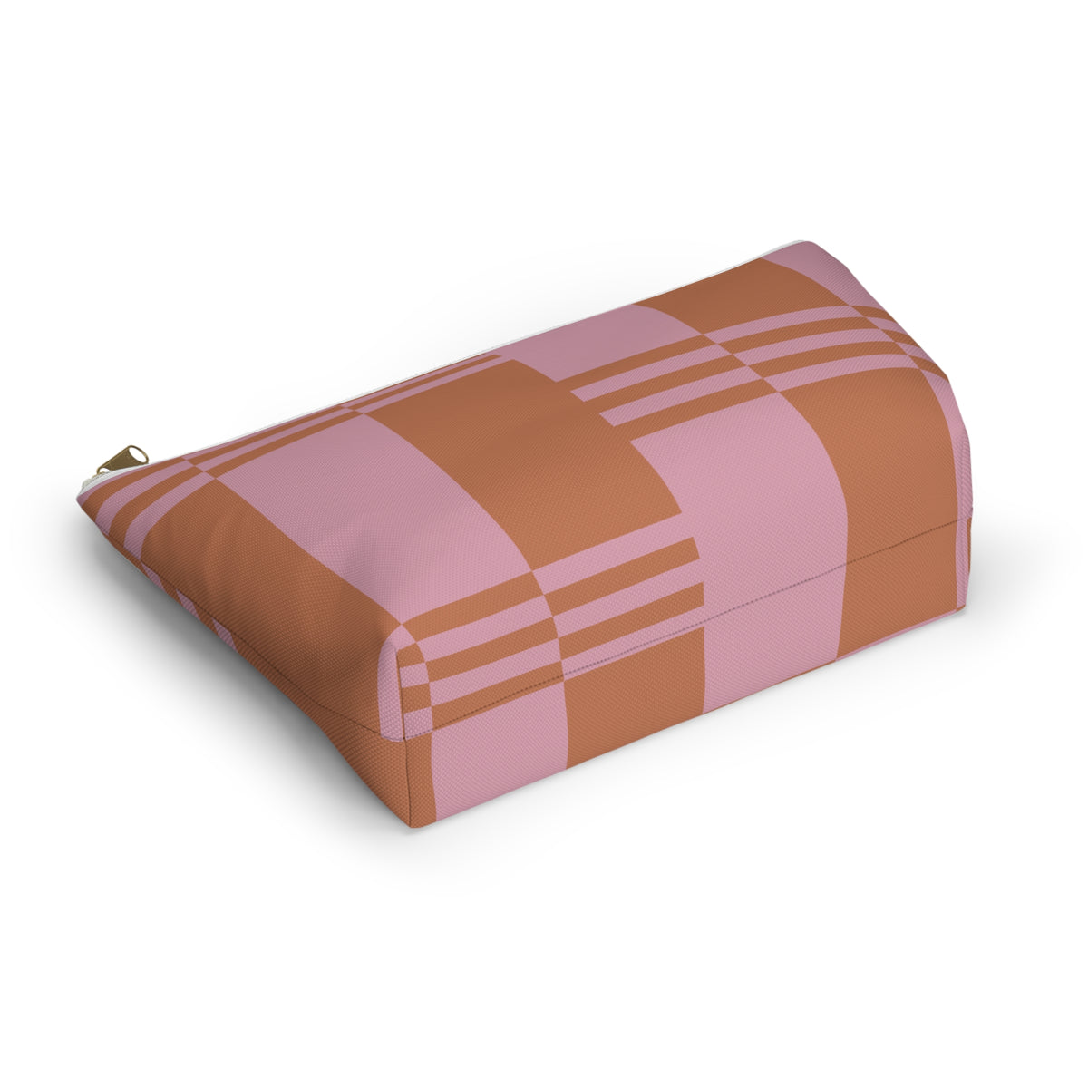 Pink terracotta color block makeup bag lying on its side in an angled view