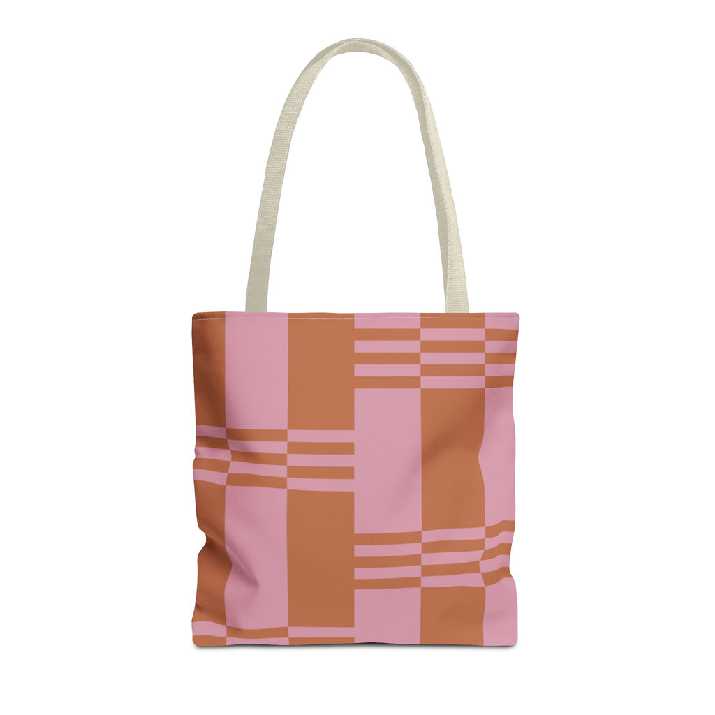 Pink terracotta color block tote bag with beige handles, front view on white background