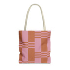 Pink terracotta color block tote bag with beige handles, front view on white background