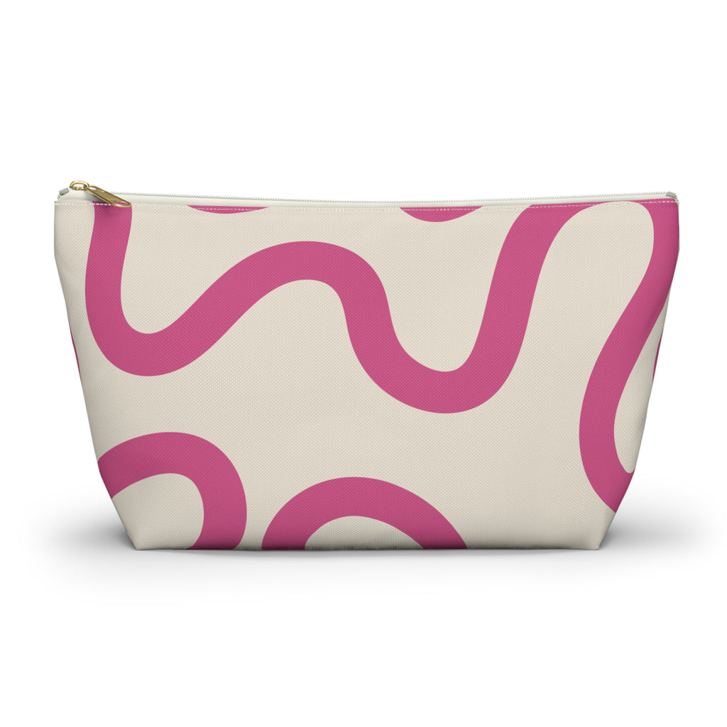 Pink wavy line makeup bag front view on white background
