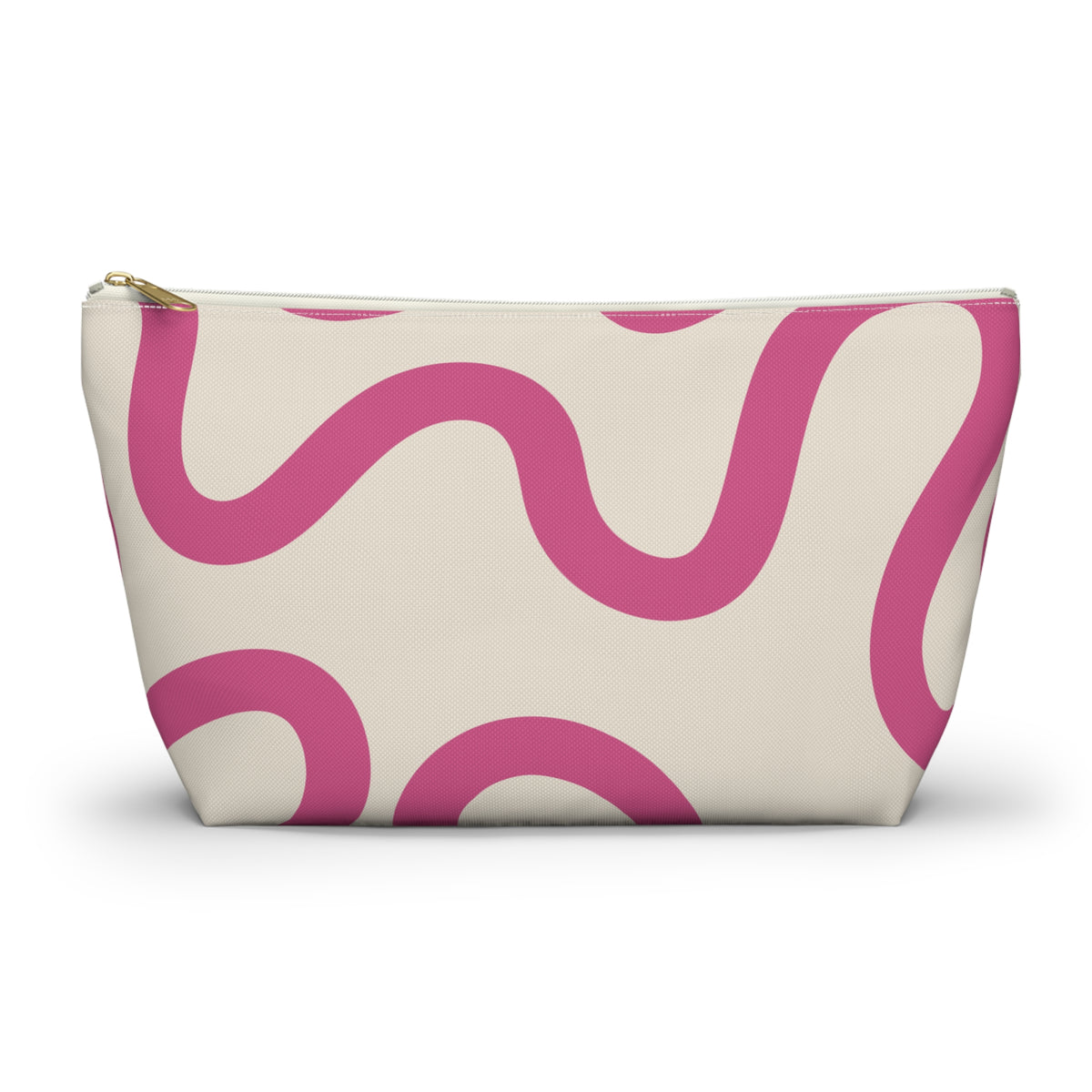 Pink wavy line makeup bag front view on white background