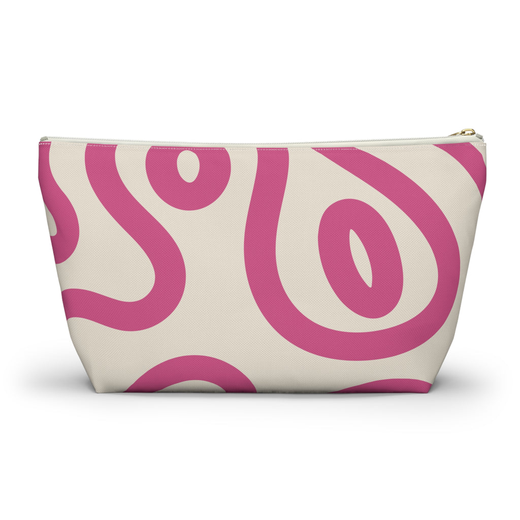 Side view of the pink wavy line makeup bag with T-shaped bottom