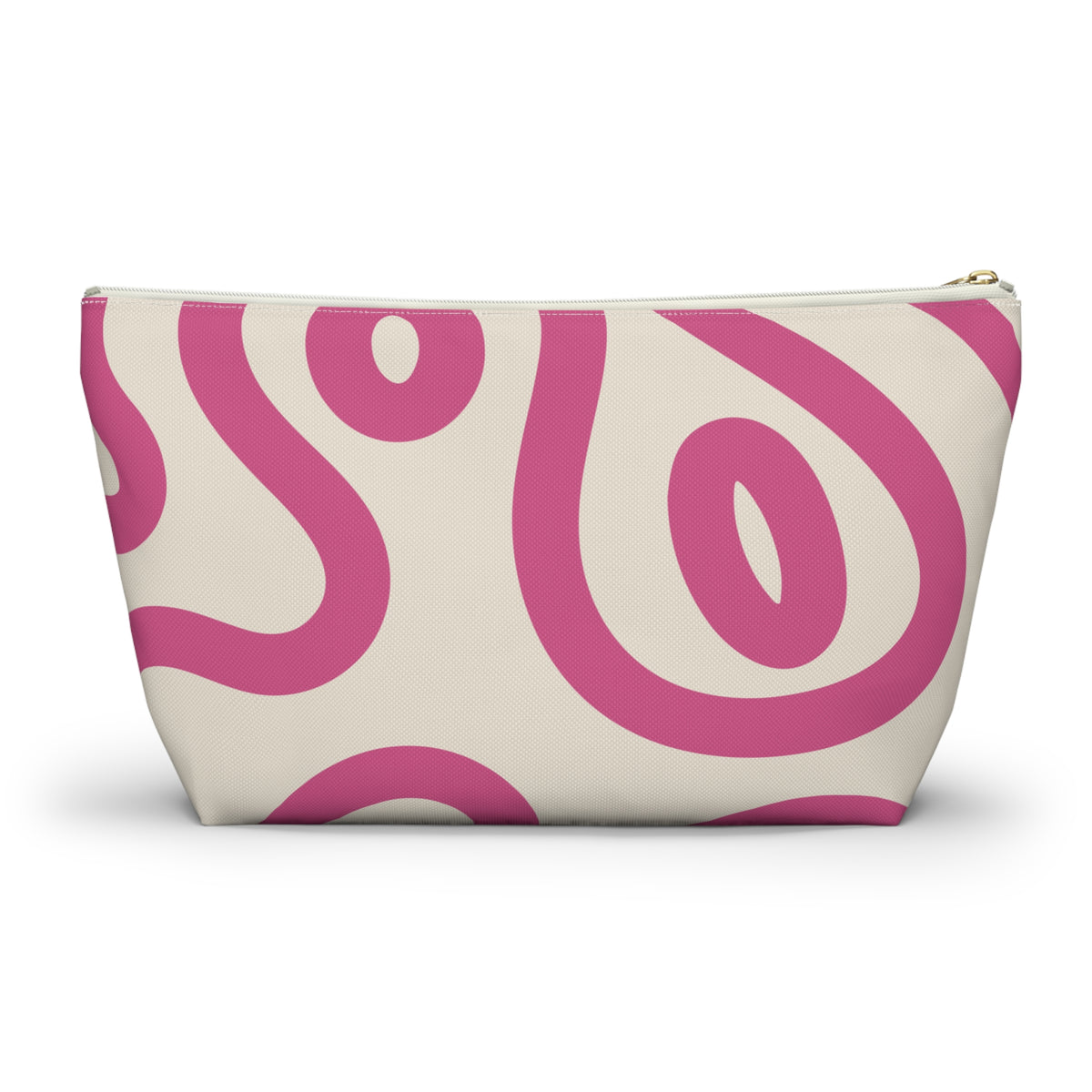Side view of the pink wavy line makeup bag with T-shaped bottom