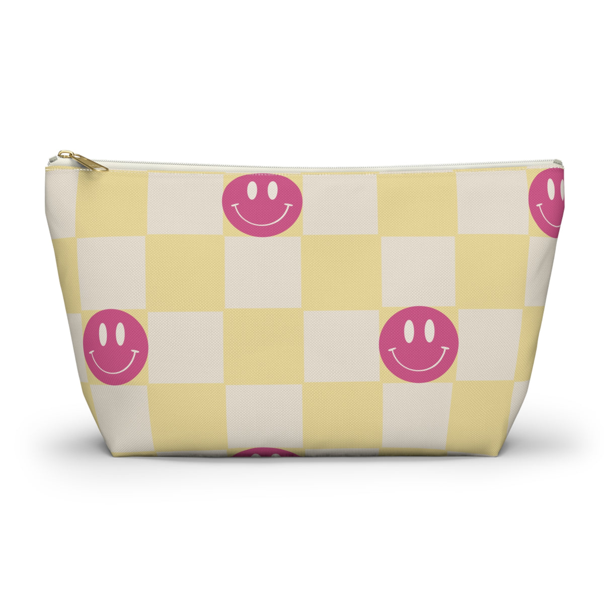 Pink yellow smiley checkered makeup bag front view on white background