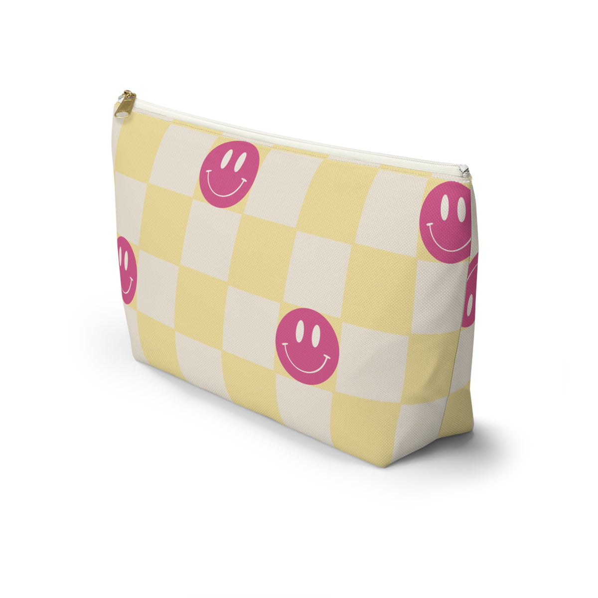 Side view of the pink yellow smiley checkered makeup bag with T-shaped bottom
