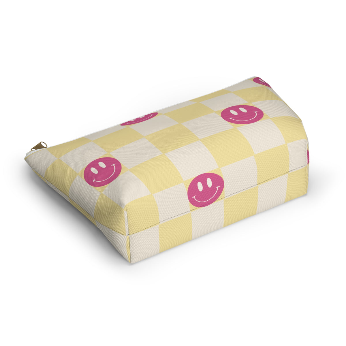 Pink yellow smiley checkered makeup bag lying on its side