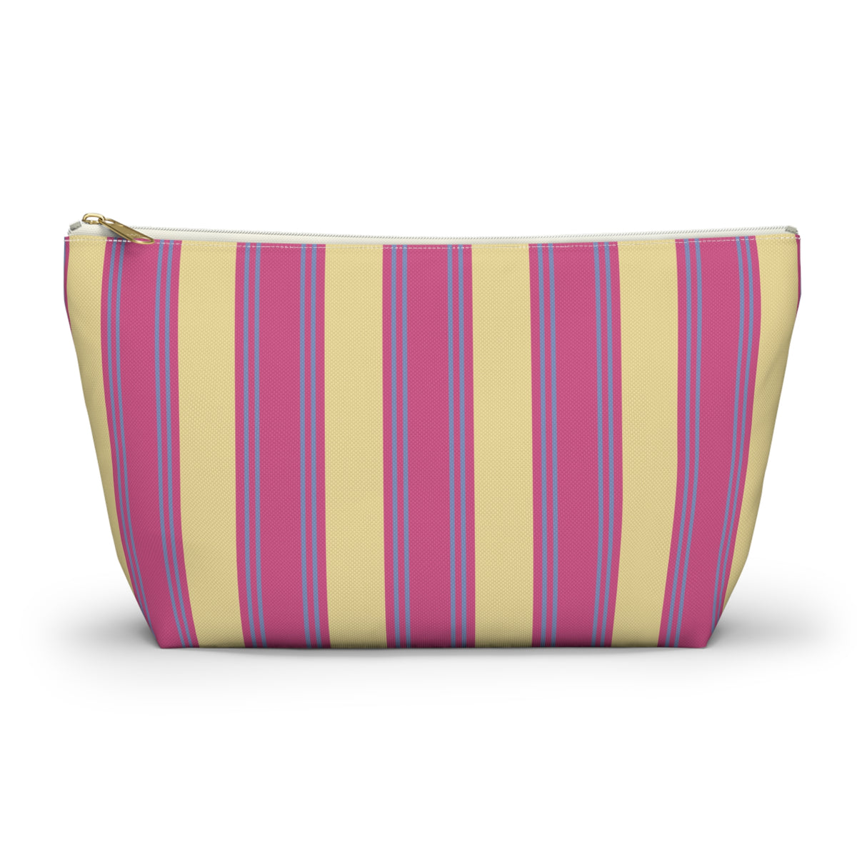 Pink Yellow Striped makeup bag with T-bottom and gold zipper pull, front view