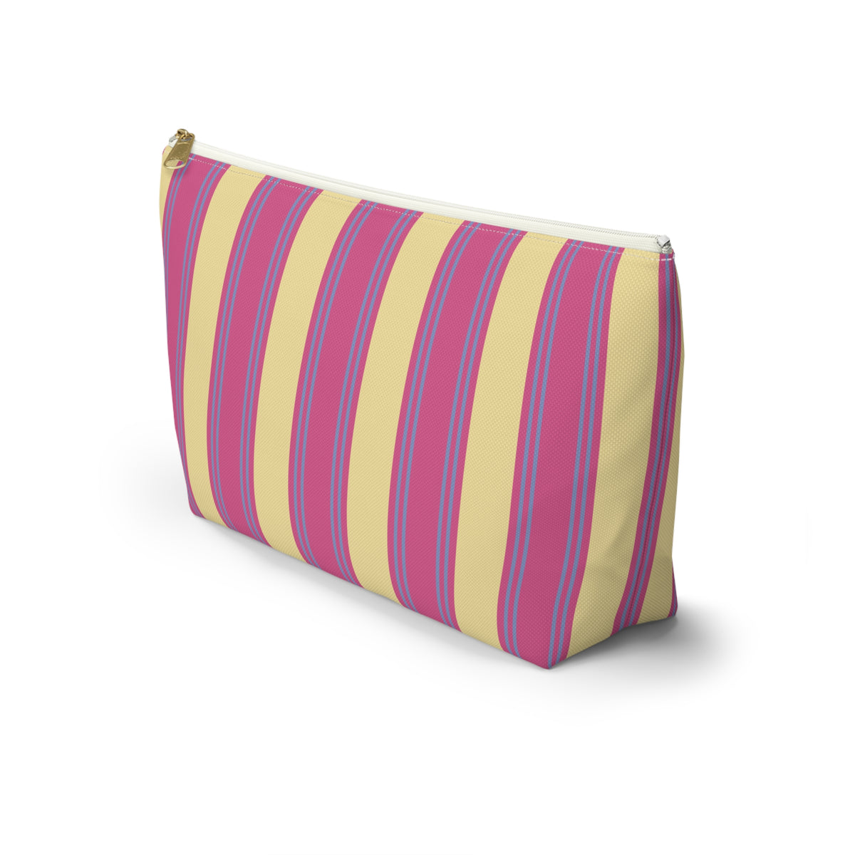 Side view of the Pink Yellow Striped makeup bag