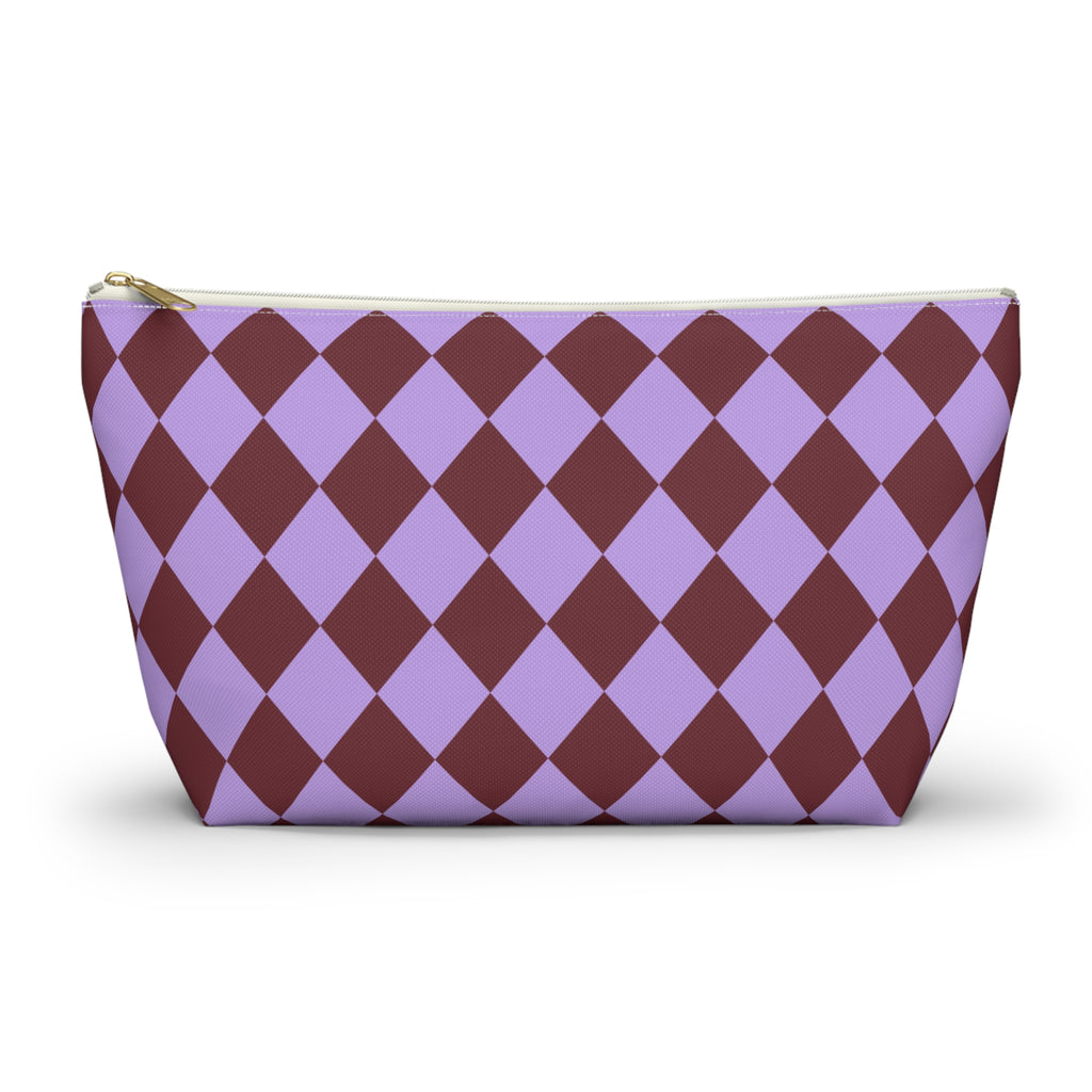 Purple burgundy diamond checkered makeup bag with T-bottom, front view on white