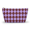 Purple burgundy diamond checkered makeup bag with T-bottom, front view on white