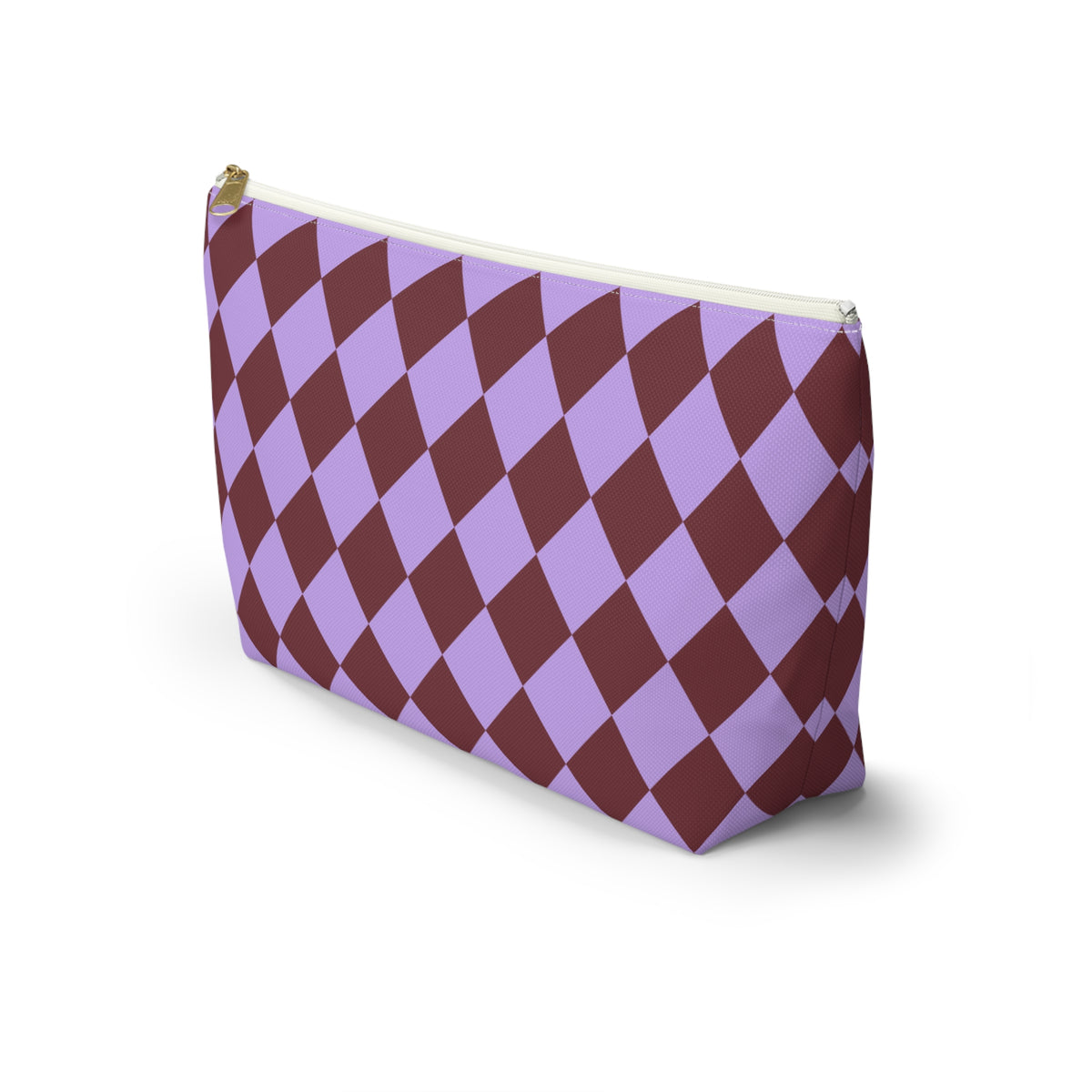 Purple burgundy diamond checkered makeup bag standing at an angle