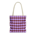 Purple burgundy diamond checkered tote bag with beige handles on a white background