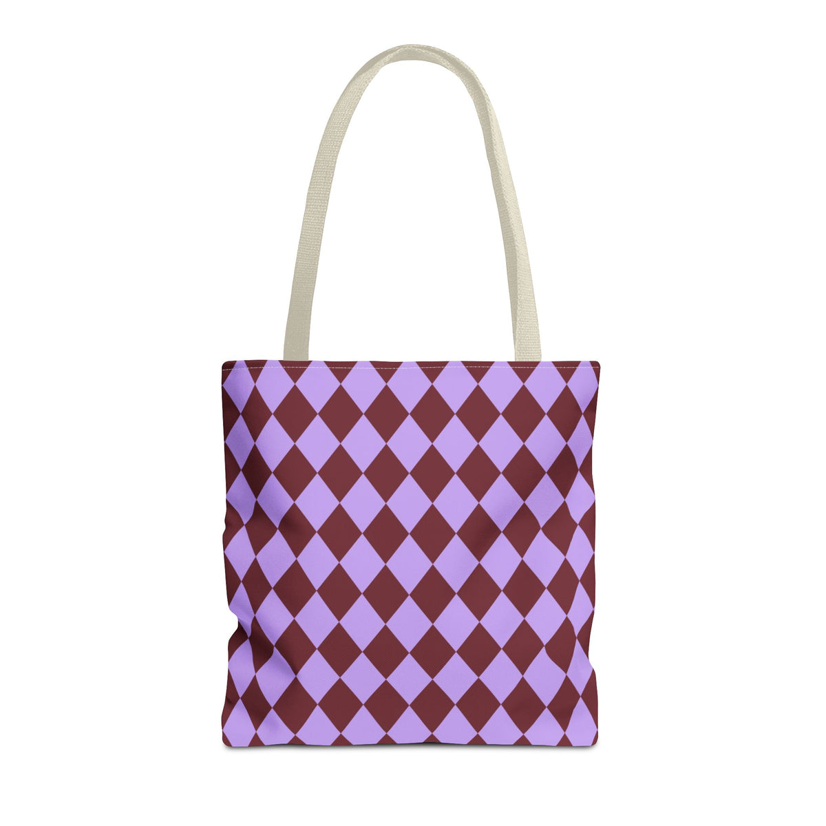 Purple burgundy diamond checkered tote bag with beige handles on a white background