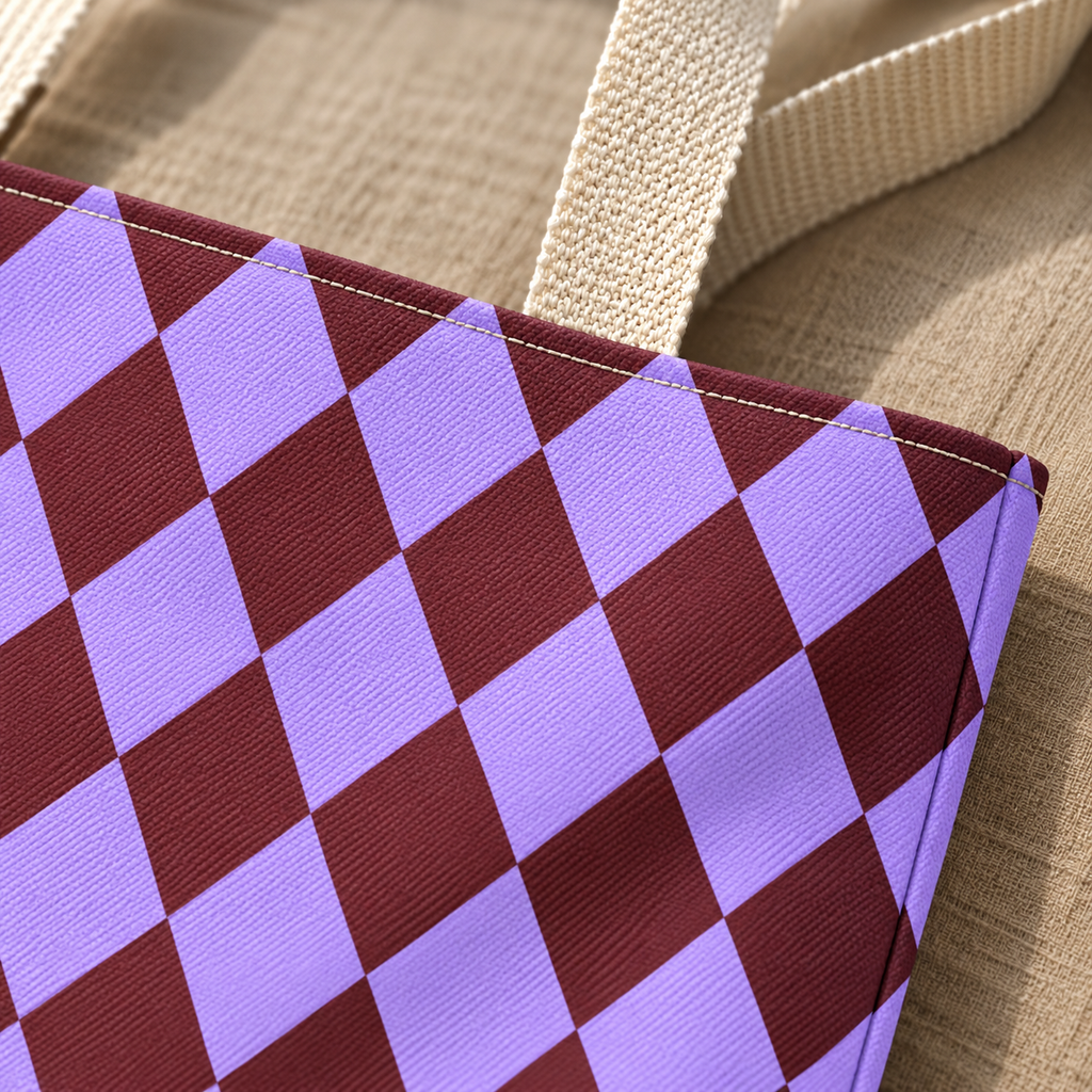 Close-up of lilac and burgundy diamond checks next to the beige tote handle