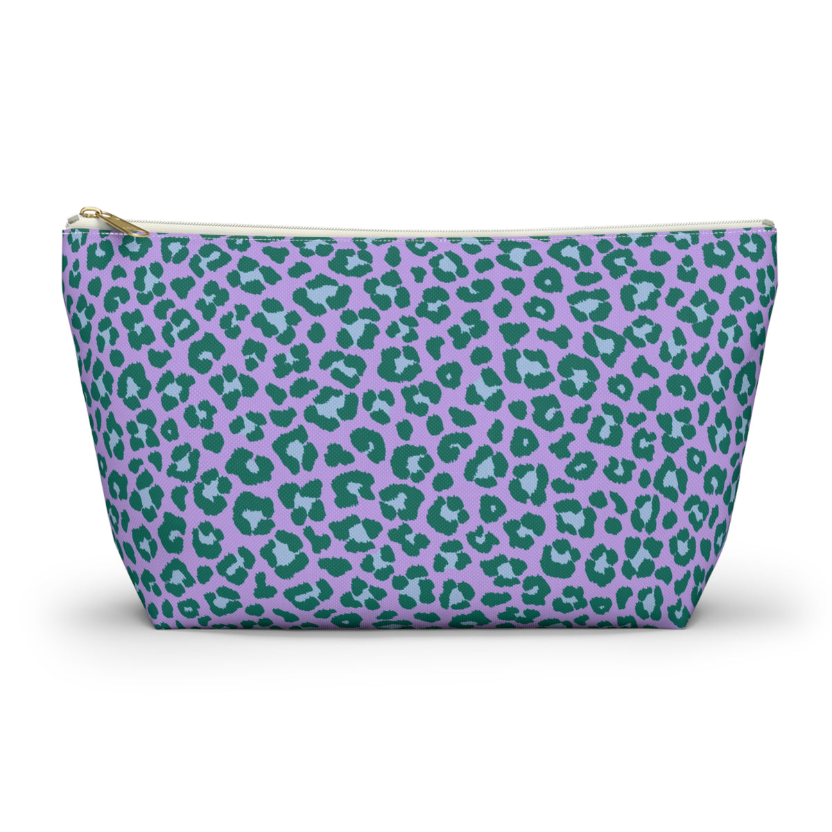 Purple green leopard print makeup bag with T-bottom, front view on white