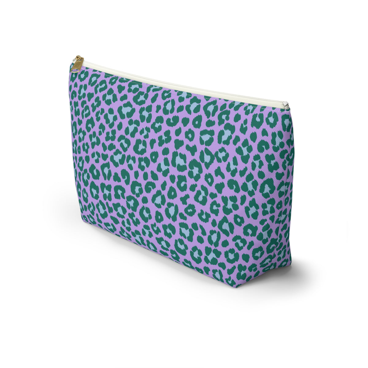 Purple green leopard print makeup bag standing at an angle