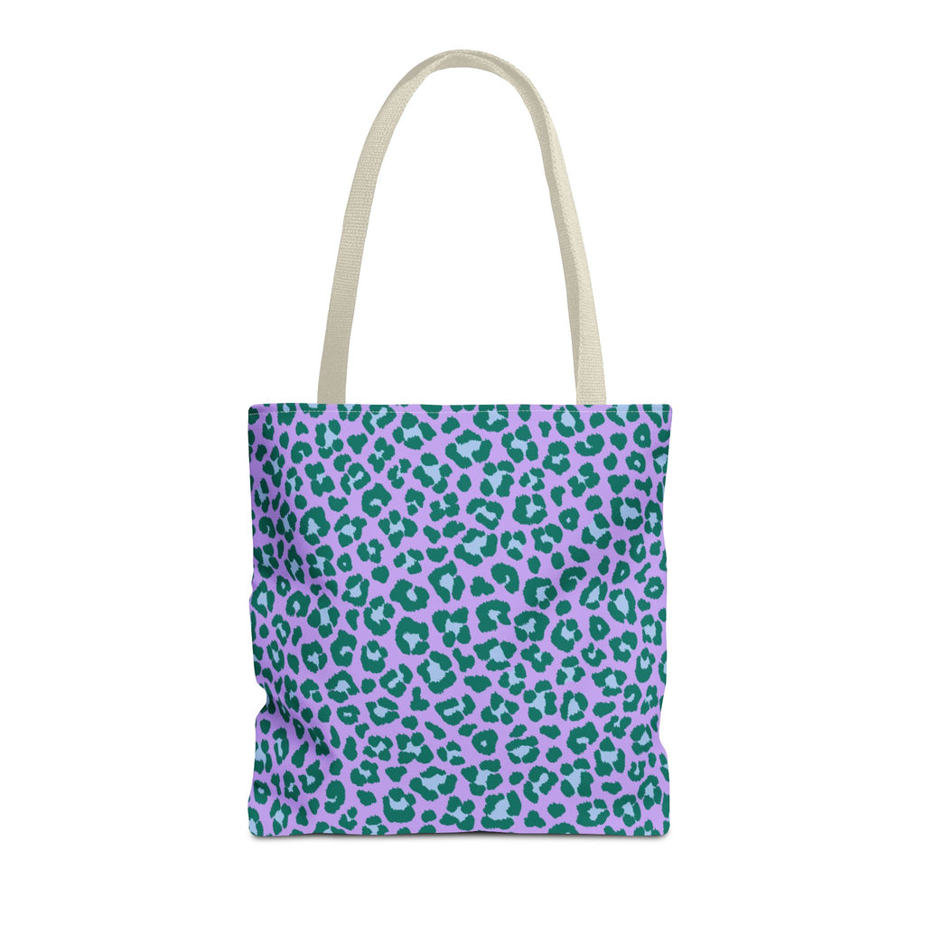 Purple green leopard print tote bag with beige handles on a white background