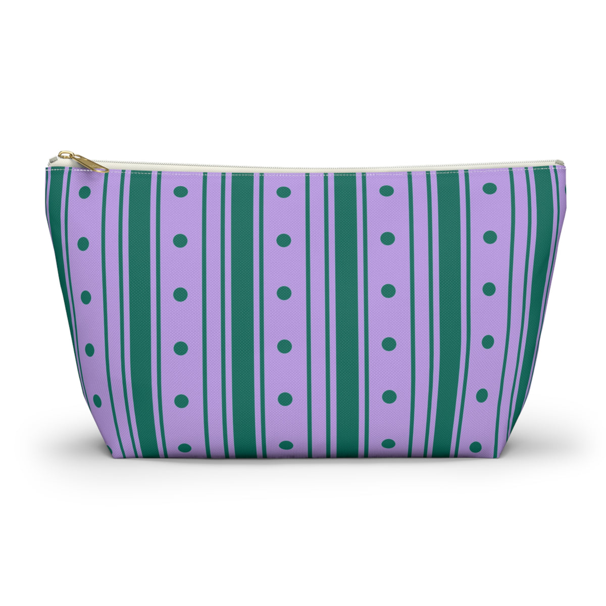 Purple green striped makeup bag with gold zipper pull, front view