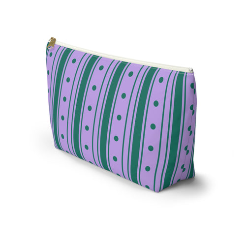 Purple striped makeup bag with T-shaped bottom seen from the side