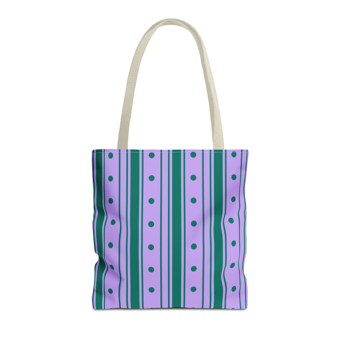 Purple green striped tote bag with cream handles on a white background