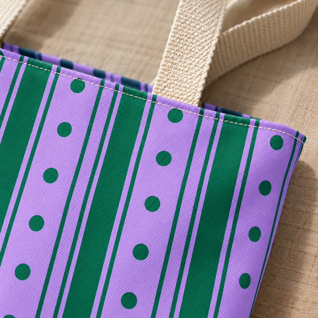Close-up of the lilac and green stripes with dots on the striped tote bag