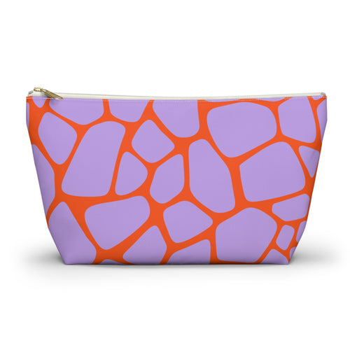 Purple orange giraffe print makeup bag with T-bottom, front view on white