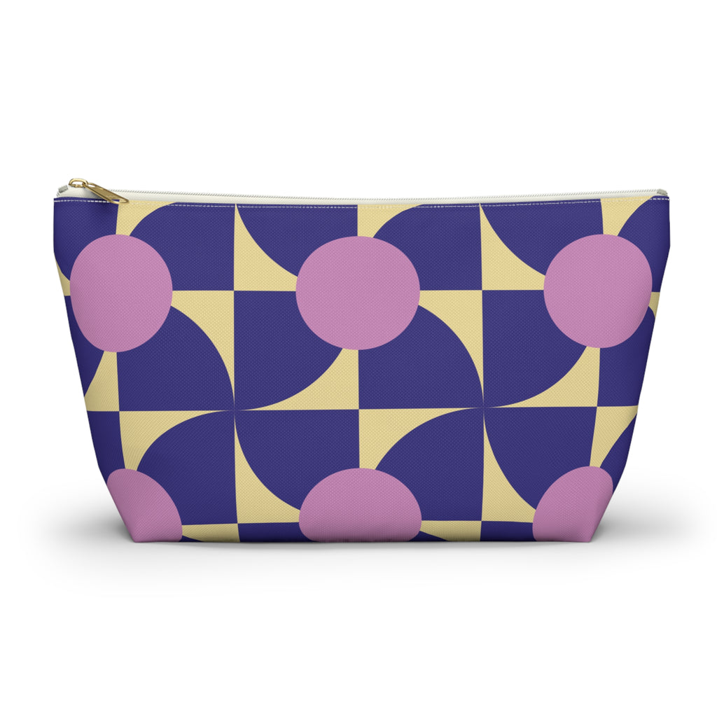 Purple pink geometric makeup bag front view on white background