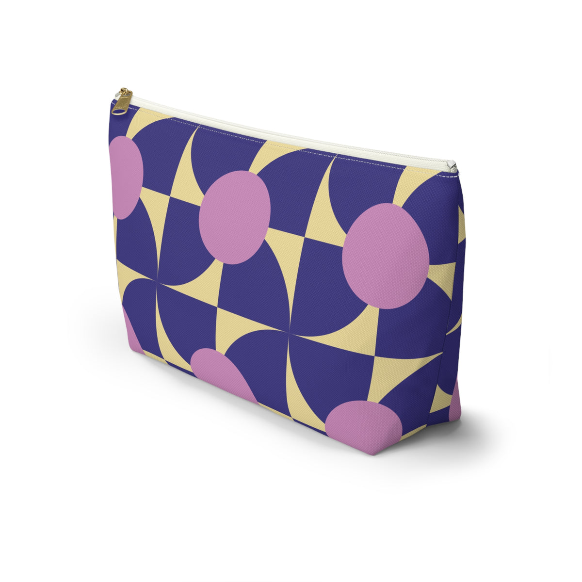 Side view of the purple pink geometric makeup bag with T-shaped bottom