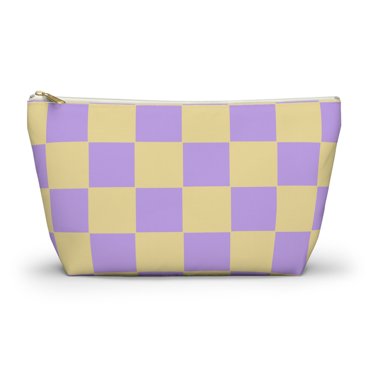 Purple yellow checkered makeup bag front view on white background