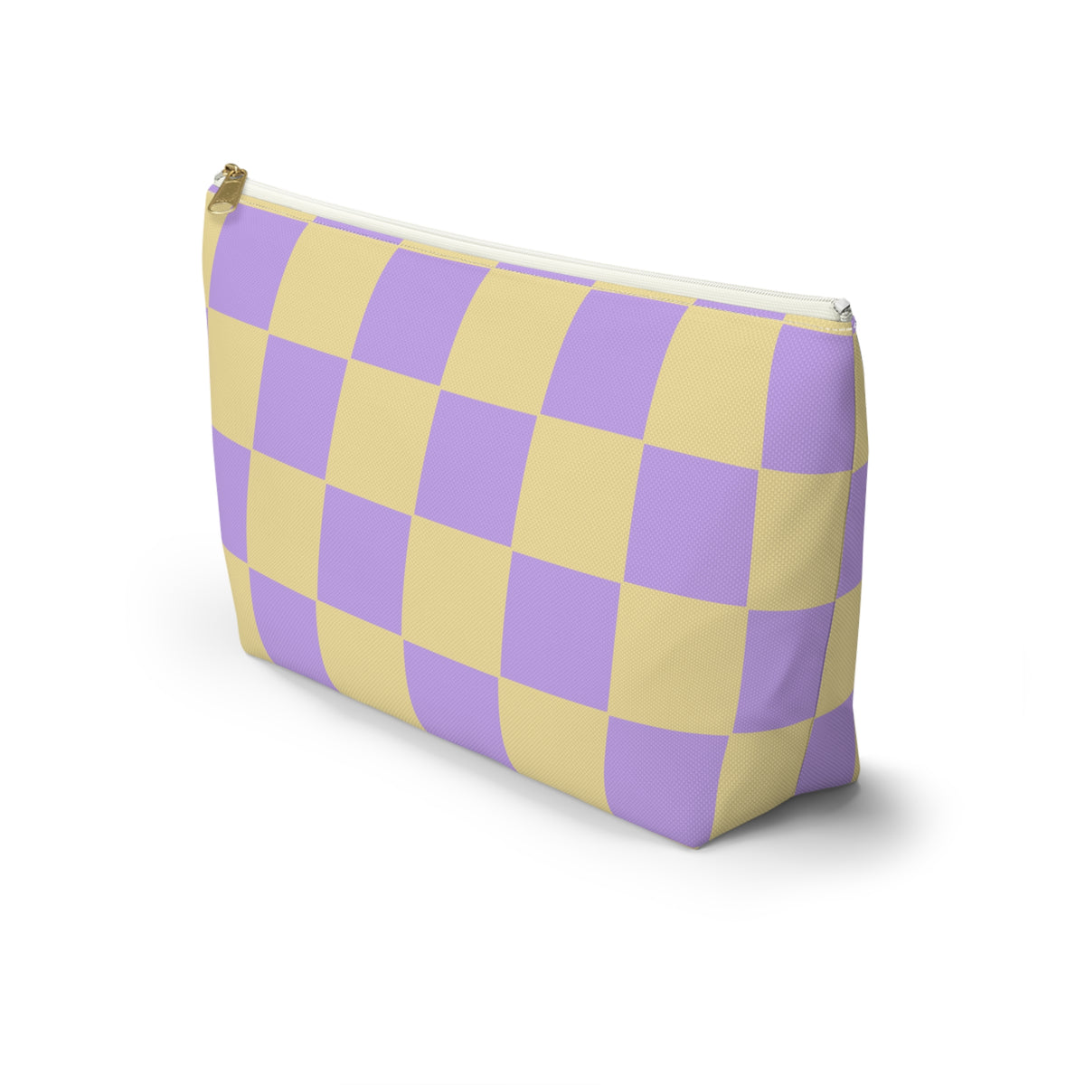 Side view of the purple yellow checkered makeup bag with T-shaped bottom