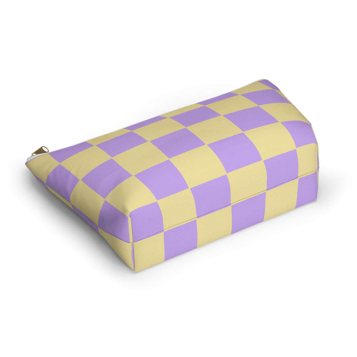 Purple yellow checkered makeup bag lying on its side