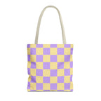 Purple yellow checkered tote bag front view on white background