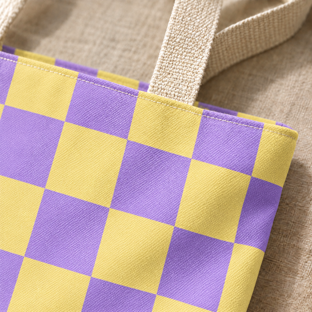 Close-up of the purple yellow checkered print and handle on the tote bag