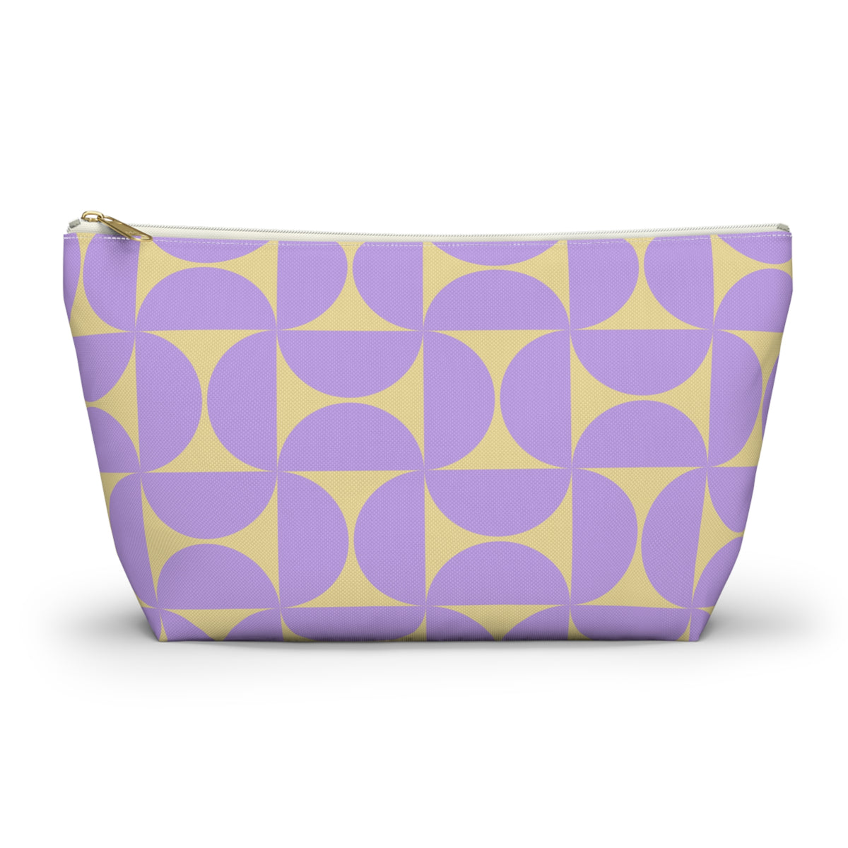 Purple yellow geometric makeup bag front view on white background